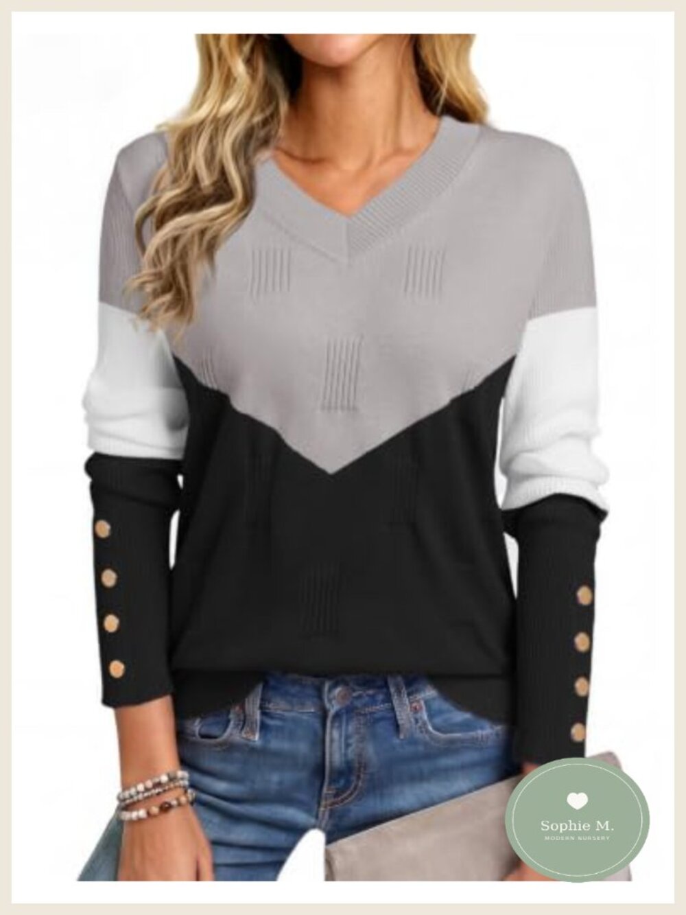Womens V-Neck Ribbed Knit Long Sleeve Pullover Sweater with Button Cuffs